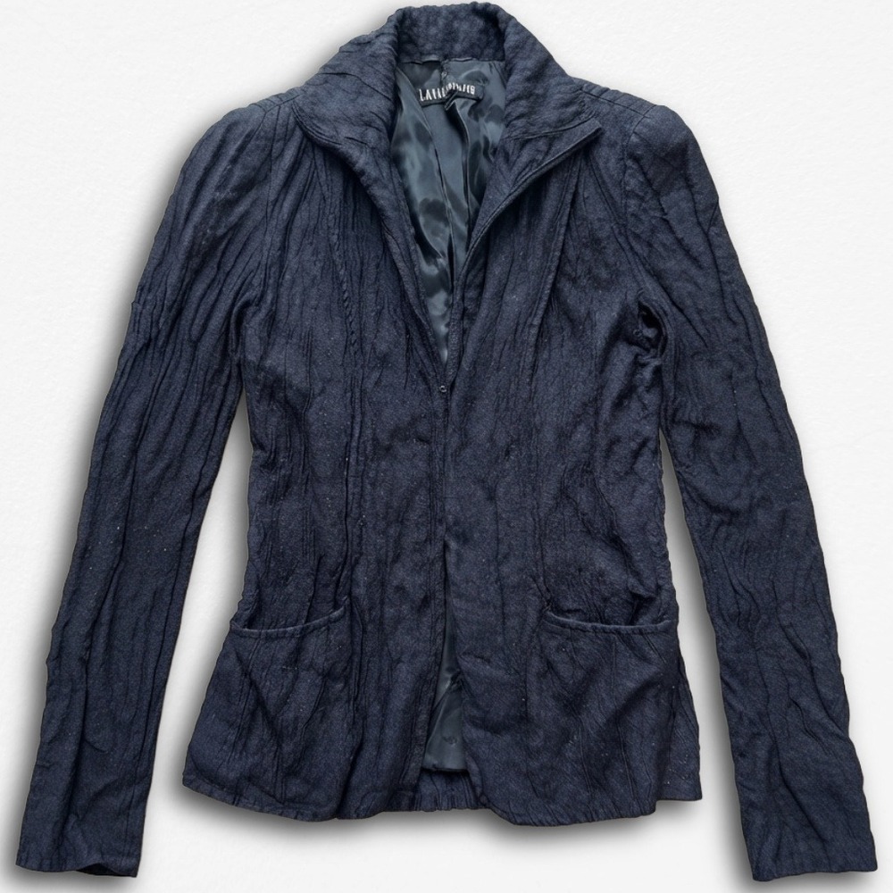 Lafayette 148 New York Women Navy Crinkle Textured Blazer Jacket Size 2